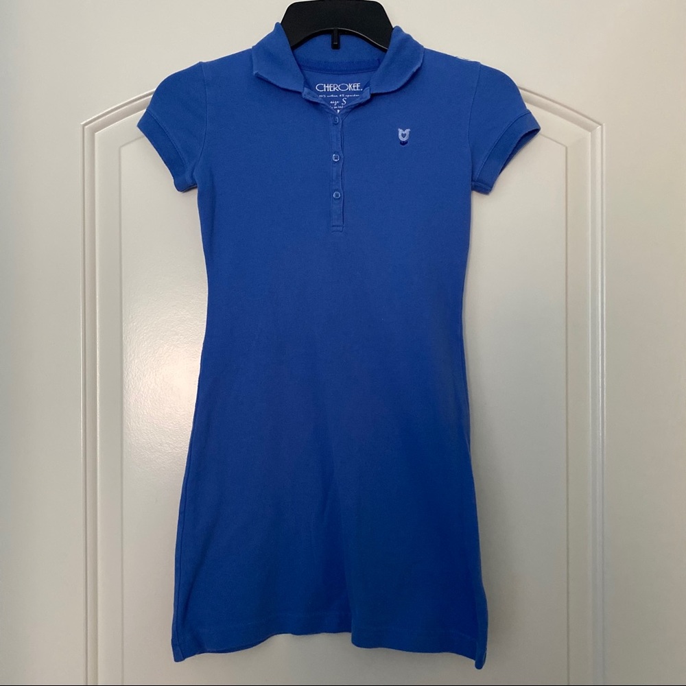 Cherokee Embroider Tulip with Heart Blue Polo Short Sleeves Dress Girl's Size S